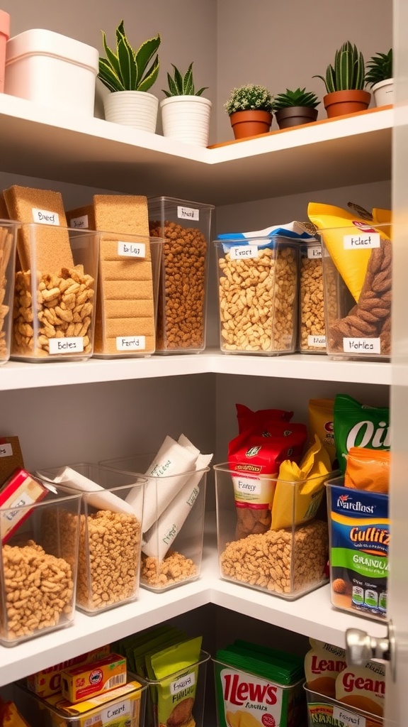 An organized pantry with labeled bins of snacks including granola bars, nuts, and chips, arranged neatly on shelves.